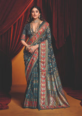 Charcoal Grey Tussar Silk Paisley Print Saree